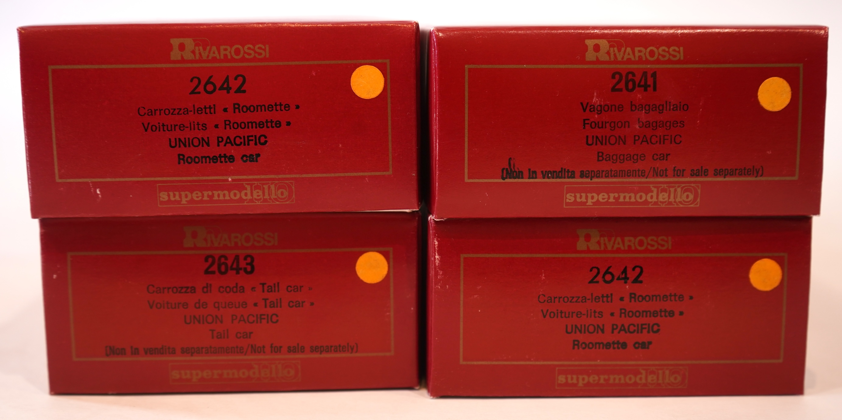 Two boxed Rivarossi 1920s Union Pacific coach packs; A Set (6922) and B Set (6923), both containing four coaches, together with four additional individually boxed coaches; (2641, 2x 2642, and 2643)